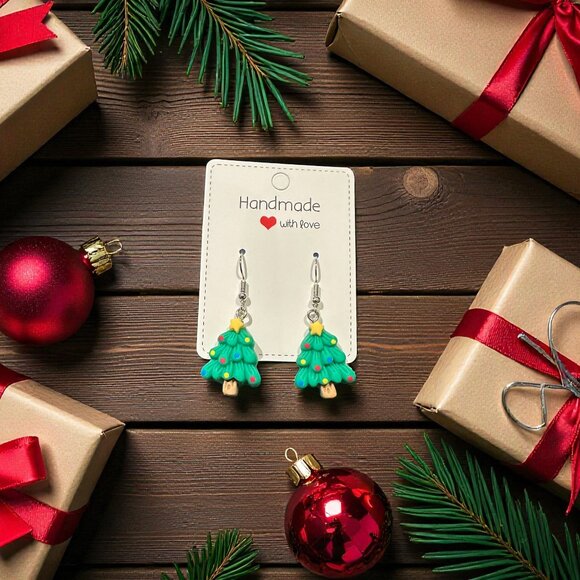 Handmade Christmas Tree Earrings | Polymer Clay Holiday Jewelry - Picture 5 of 7